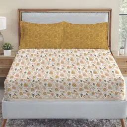 MYTRIDENT Mustard & White Floral 210 TC King Bedsheet with 2 Pillow Covers-image-51
