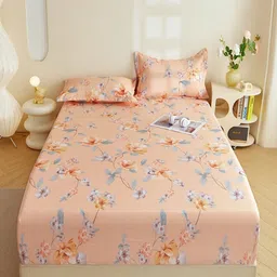 JC HOME Pink & Grey Floral King Bedsheet with 2 Pillow Covers-picture-31