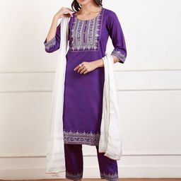 DUMMY SHAPE Checked Round Neck Thread Work Straight Kurta With Trousers & Dupatta-8