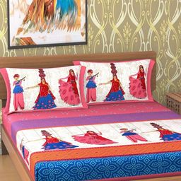 Aura White & Pink Ethnic Motifs Printed 144 TC Cotton Queen Bedsheet Set 2.10 m x 2.30 m-image-83