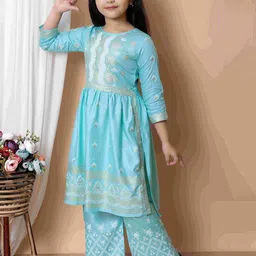 BARKAT DESIGNING PLANET Girls Ethnic Motifs Printed Round Neck Kurta With Trousers-61