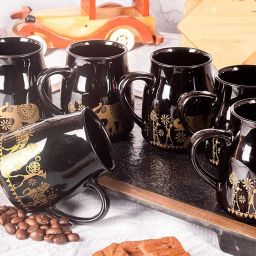 Pack of 6 Ceramic Black Exclusive Ceramic Rajasthani Printed Black Shine Flask Cane Tea Cup Set-image-53