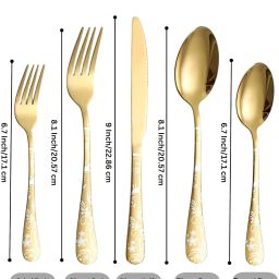 Gold Cutlery Sets with Forks, Dinner Knives, Spoons, Set of 5(20Pcs) Stainless Steel Cutlery Set-image-86