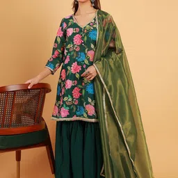 QISSA Floral Printed Sequinned Kurti with Sharara & Dupatta-15
