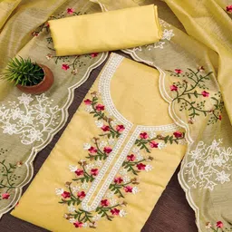 Peachmode Floral Embroidered Sequinned Chanderi Cotton Unstitched Dress Material-image-21