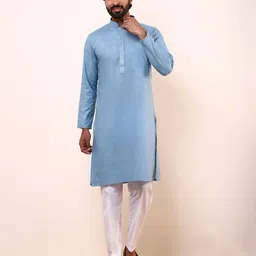 Satwaa Geometric Yoke Design Mandarin Collar Linen Straight Kurta-picture-11