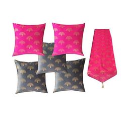 Pink Parrot Grey 5 Pieces Ethnic Printed Jacquard Silk Cushion Covers & Table Runner-image-83