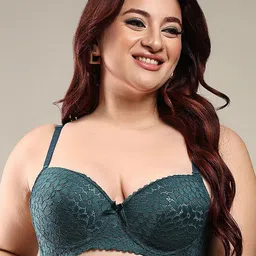 BRACHY FloralWomen Green Plus Size Floral Lace Net Padded Push-Up Bra-20