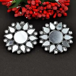 Yash Jewels Emporiums Silver-Plated Mirror Floral Shaped Oxidized Studs-88