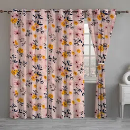 ANA Peach-Coloured & Yellow Set of 3 Floral Room Darkening Long Door Curtain-18