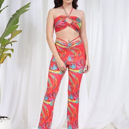 BAESD Printed Halter Neck Top With Trousers Co-Ords Set-picture-8