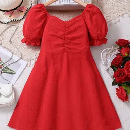 INCLUD Girls Self Design Gathered or Pleated Puff Sleeve A-Line Knee Length Dress-image-34