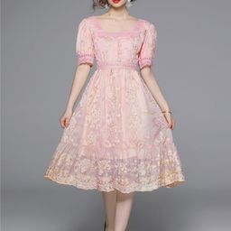 bebe Women Floral Embroidered Square Neck Puff Sleeve Fit & Flare Midi Dress-11