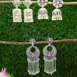 PRIVIU Set of 3 Gold-Plated Geometric Dome Shaped Beads & Mirror Stud Jhumkas Earrings-12