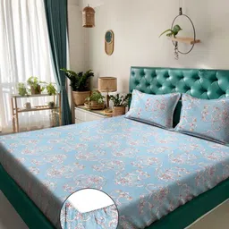 Aura Blue & White Ethnic Motifs Printed Fitted 300 TC King Bedsheet With 2 Pillow Cover-picture-25