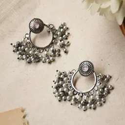 NAMAN ARTS Silver-Plated Artificial Stones Studded And Beaded Oxidised Drop Earrings-62