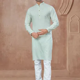 OUTLUK Woven Design Mandarin Collar Thread Work Pure Cotton Straight Kurta With Trousers-picture-6