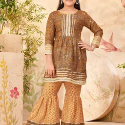 Sangria Girls Ethnic Motifs Printed With Gota Lace A Line Kurti & Sharara Set-image-71