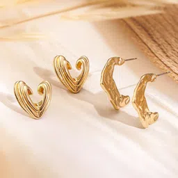 Rubans Set of 2 18K Gold-Plated Hammered Textured Half Hoop & Heart Shape Stud-7