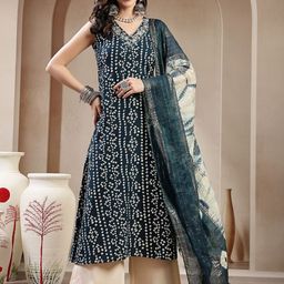 Stylum Bandhani Printed V-Neck Thread Work A-Line Kurta With Dupatta-picture-43
