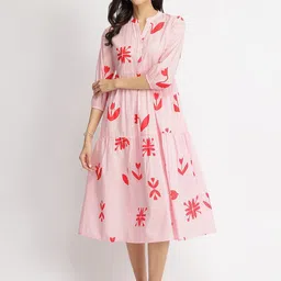 Pink Fort Women Pink A-Line Midi Cotton Floral Motif Dress-picture-39