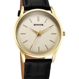 Sonata Eternia Men Brass Embellished Dial & Leather Straps Analogue Watch 77140YL01-58
