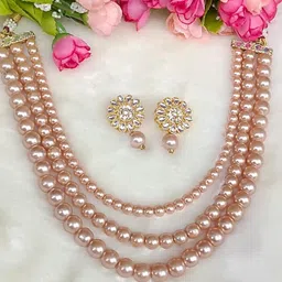 DENICRAAS Pearl Beaded 3 Layer Necklace & Stud Earrings Elegant Ethnic Jewelry Set-picture-8