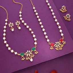 DIVASTRI Set Of 2 Gold-Plated Stone-Studded & Beaded Jewellery Set-image-21