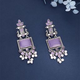 Brado Jewellery Stones Studded and Pearls Beaded Square Oxidised Drop Earrings-62