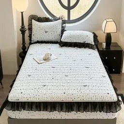 JC HOME White & Blue Abstract Printed Fitted 150 TC Queen Bedsheet Set 1.50 m x 2.0 m-picture-19