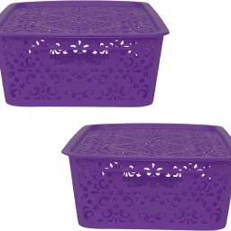 Polypropylene Medium Turkish Baskets Medium with Lid for Kitchen, Vegetables, Toys, Books, Office, Stationery, Utility, Cosmetics, Accessories, Closet, Wardrobe - Purple, Set of 2 Storage Basket-5
