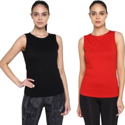 Pack of 2 Women Solid Round Neck Pure Cotton Red, Black T-Shirt-image-61