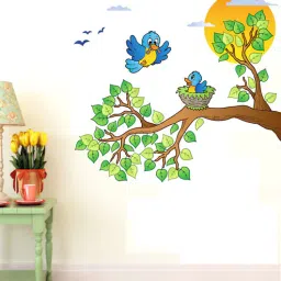 print mantras Pvc Vinyl 30 X 28 Inch Birds In Nest On Tree Branch Wall Sticker-picture-1