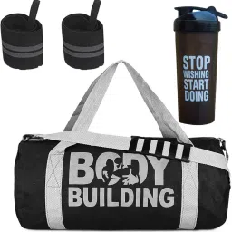 Body Building Gym Duffle bag for men ll SWSD Sipper Bottle ll Wrist Band - Black Fitness Accessory Kit Kit-image-19