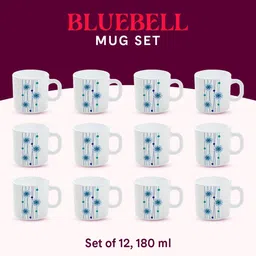 Larah by BOROSIL White & Blue 12 Pieces Floral Printed Opalware Glossy Mugs 180 ML Each image 5