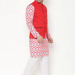 Hangup Men Red Printed Cotton Blend Kurta with Pyjamas & Nehru Jacket Set image 4