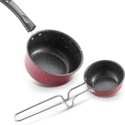 Stylo Red Iron Nonstick Saucepan With Tadka Pan| Saucepot | Milk Boiler & Pan | Sauce Pan 17 cm, 11 cm diameter 1.5 L, 0.35 L capacity-24