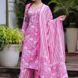 Women Pure Cotton Kurta Palazzo Dupatta Set-image-15