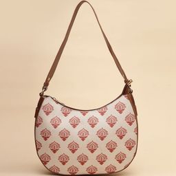 Anouk Tan Brown Floral Printed Half Moon Handheld Bag image 2