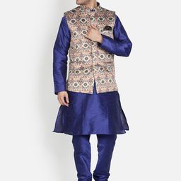 Armaan Ethnic Men Blue Dupion Silk Kurta with Pyjama & With Printed Nehru Jacket image 5