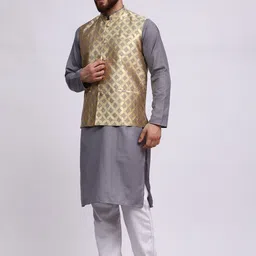 MAG Mandarin Collar Regular Kurta with Pyjamas & Woven Design Nehru Jacket image 4