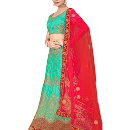 MANVAA Embroidered Beads and Stones Semi-Stitched Lehenga & Unstitched Blouse With Dupatta image 4