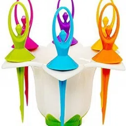 Plastic Dancing Doll Fruit Fork Set With Stand, 6 PCS Fork in Each Stand Disposable Plastic Fruit Fork-3