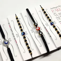 EL REGALO Set Of 4 Evil Eye Wrap Around Rakhi With Roli Chawal & Greeting Card image 2
