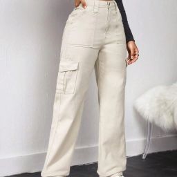 Women Loose Fit High Rise Beige Jeans-image-96