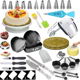 3 Pcs Cake Moulds (Heart/Round/Square)+ Cake Turn Table Stand + 10 inch-2Pcs Reusable MDF Cake Base Board + 12 Piece Cake Decorating Set With 25 Pcs disposable Piping Bag + 8 Pcs Black Measuring Cups And Spoon + Silicone Spatula and Brush Set + 4 Pcs Scraper + Electric Hand biter + Stainless Steel Cake Cutting Knife and Server Set with Clear & transparent handle like Crystal + Cake Smoother + 3 Pcs Multi-Function Stainless Steel Cake Icing Spatula Knife Set Kitchen Tool Set-image-43