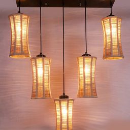 Devansh Beige & Black Textured Band Bamboo Quintuple Ceiling Lamp image 4