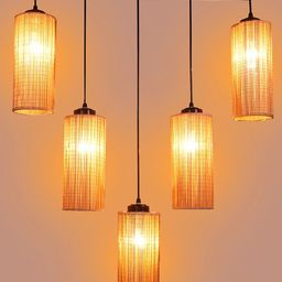 Devansh Beige & Black Textured Round Bamboo Ceiling Lamp image 2