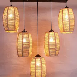 Devansh Beige & Black Textured Dholak Bamboo Ceiling Lamp image 2