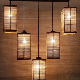 Devansh Beige & Black Textured Square Bamboo Ceiling Lamp image 2